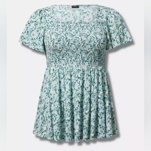Torrid Babydoll Washable Gauze Smocked Tiered Top, Size 2, Pastel Botanical